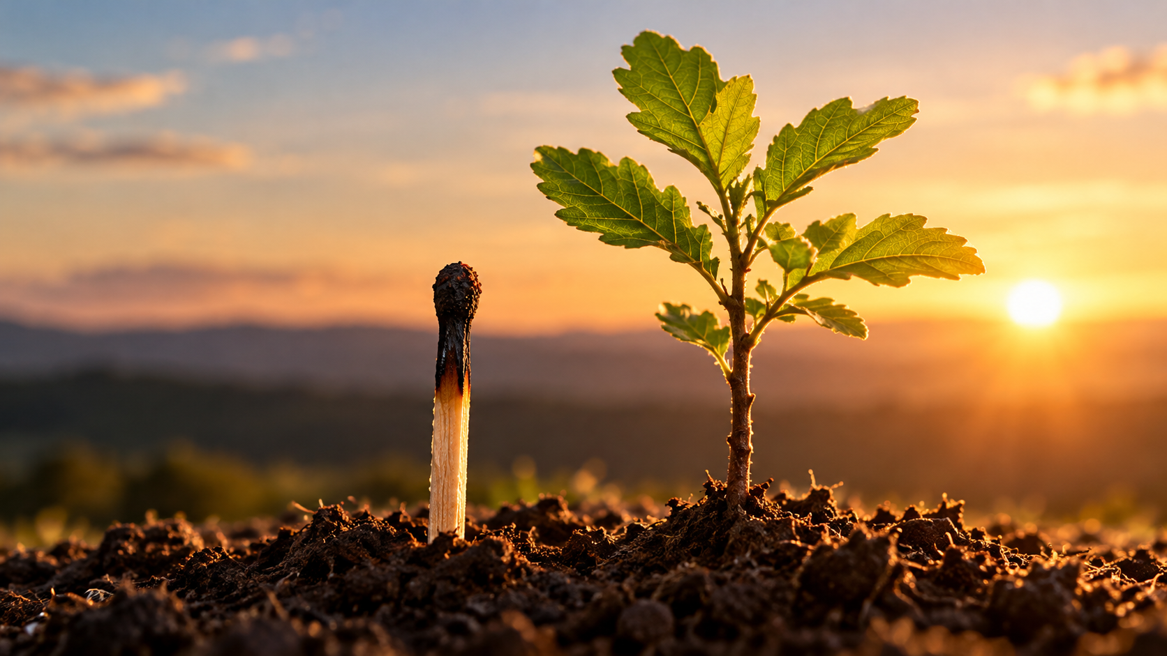 Un fósforo quemado junto a un árbol joven creciendo al atardecer.